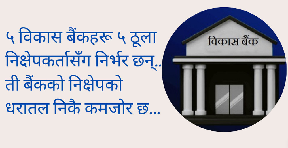 दबाब परीक्षणमा कमजोर विकास बैंक : ५ बैंक ५ निक्षेपकर्तामा निर्भर, १२ बैंक पुँजीको जोखिममा