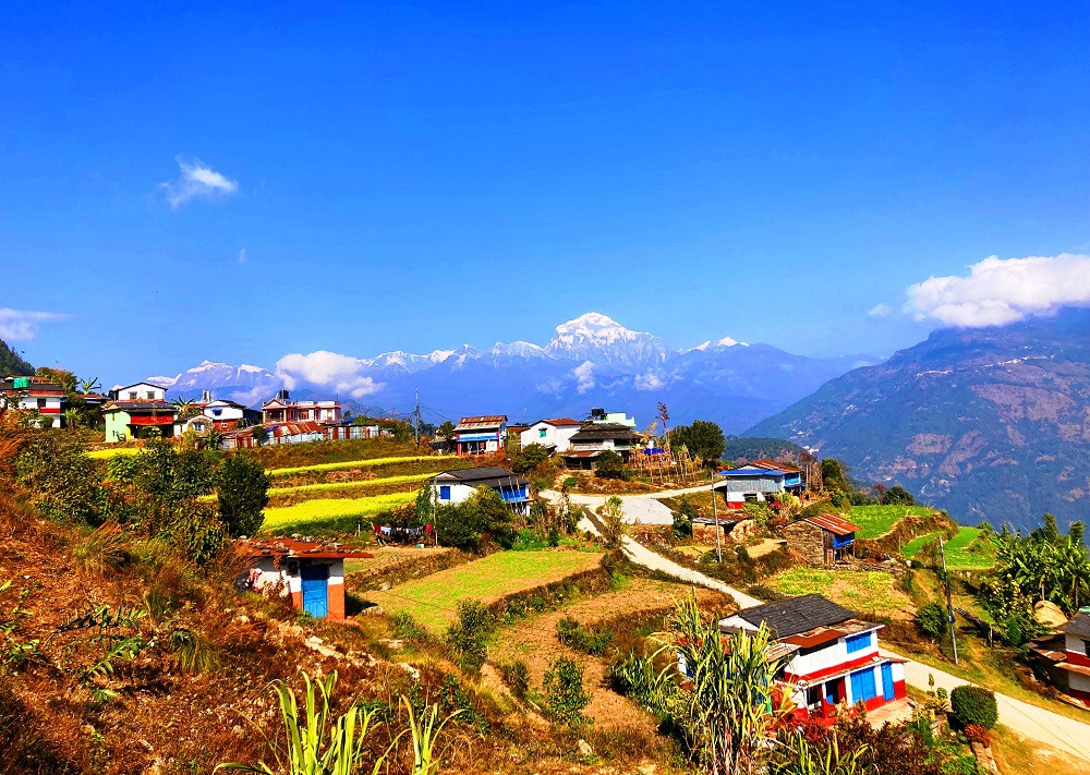 धारापानी गाउँसँगै पृष्ठमूमिमा धौलागिरि हिमाल